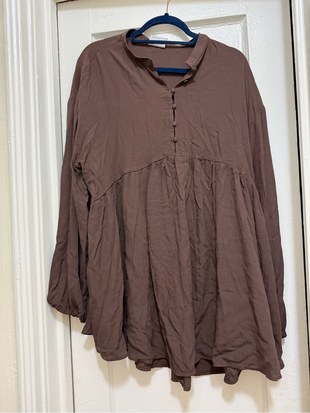 Women's Brown Peasant Tunic Top - Relaxed Long Sleeve